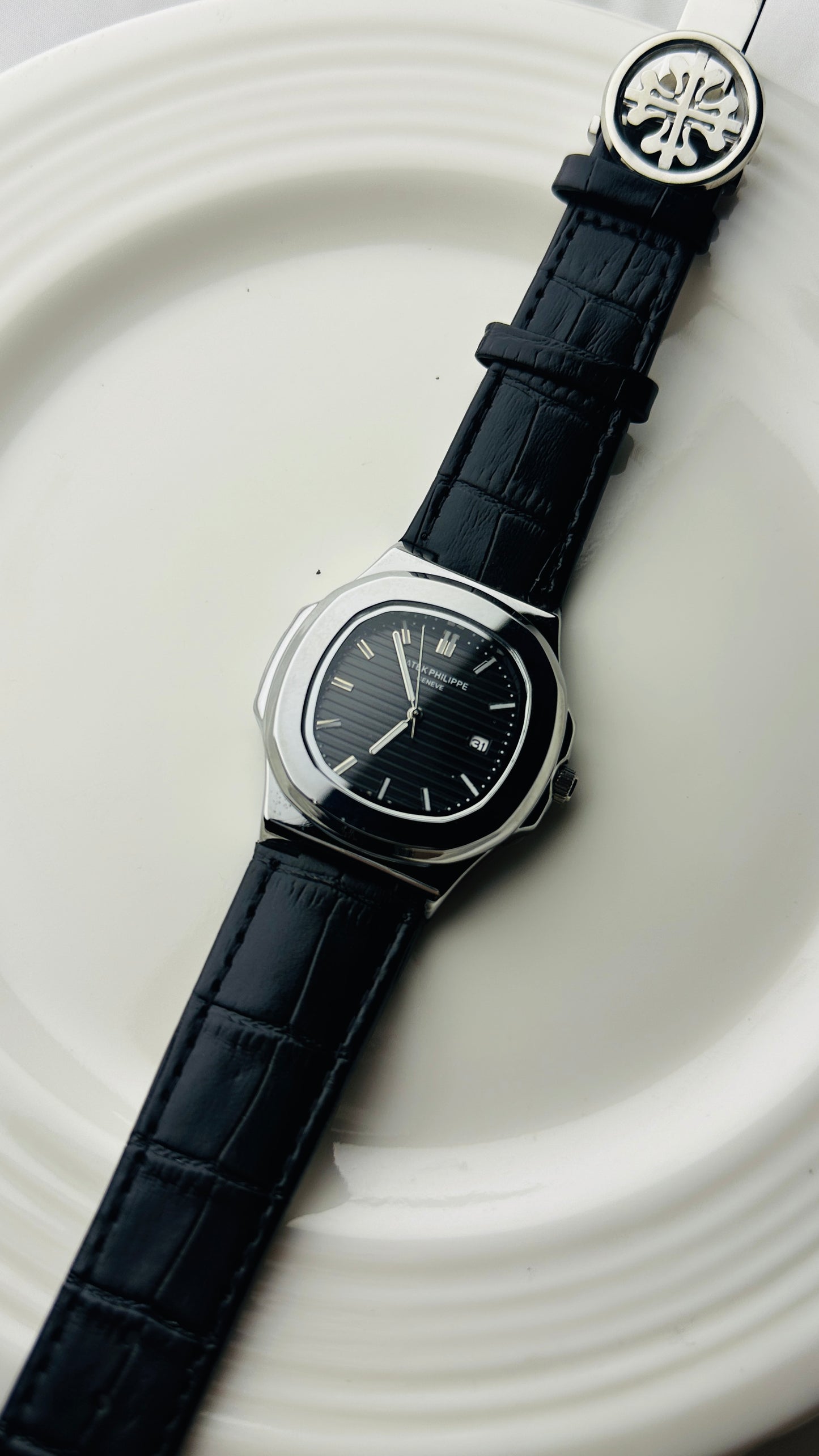 PATEK PHILLIPE BLACK , PREMIUM LEATHER STRAP WATCH